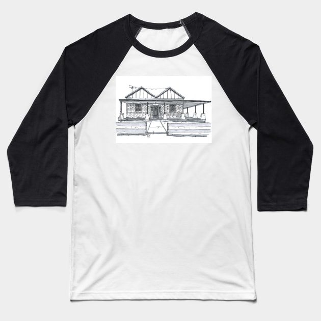 Australian Brick Homestead Old House Pen & Ink Greyscale Black & White Drawing. Baseball T-Shirt by NutsnGum